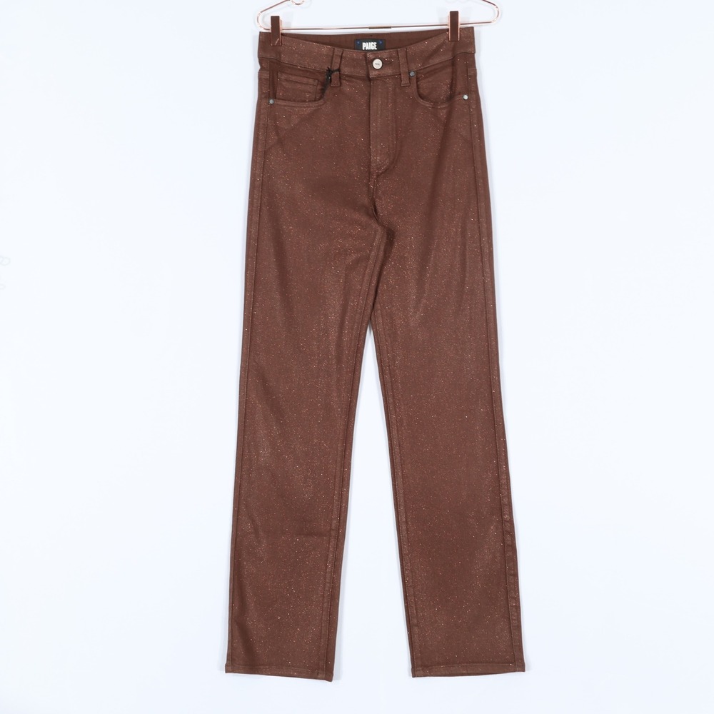 Paige Coated Metallic Straight Leg Pants Womens 29 Brown ShimmerGlam Edgy Chic